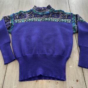 Vtg Tyrolia Skiwear Purple Teal Fair Isle Wool Blend Mock Neck Sweater 80s